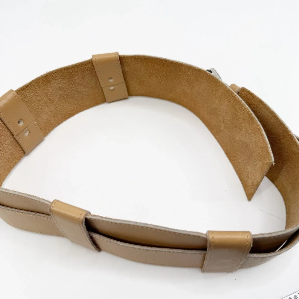 Tan Leather Crossover Asymmetrical Belt with Silver Buckle, Size Small
